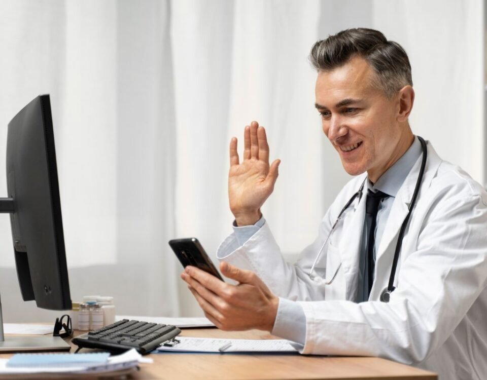 Integração de Sistemas de Saúde com Automações Residenciais médico realizando consulta em telemedicina