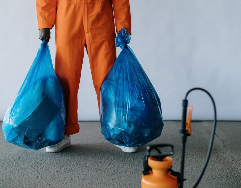 Coleta Seletiva: Organize Sua Casa com Sacos de Lixo Adequados Sanitation worker in orange overalls holding blue trash bags indoors for waste management.